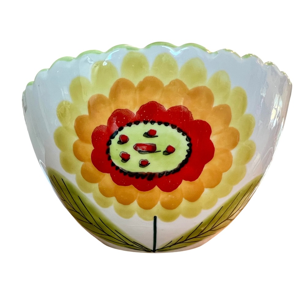 Vintage Italian Hand Painted Ceramic Floral Scalloped Bowl Made in Italy Green
